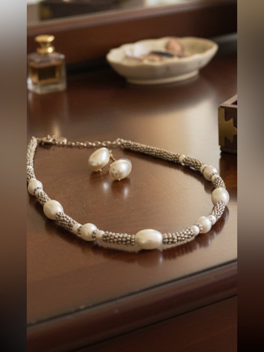 Napier Pearled Bead Braided Necklace with Matching Pearl Studs